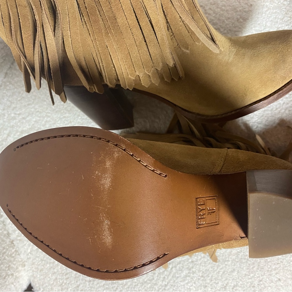 Frye Tan Suede Fringe Heeled Boots - Picture 2 of 3